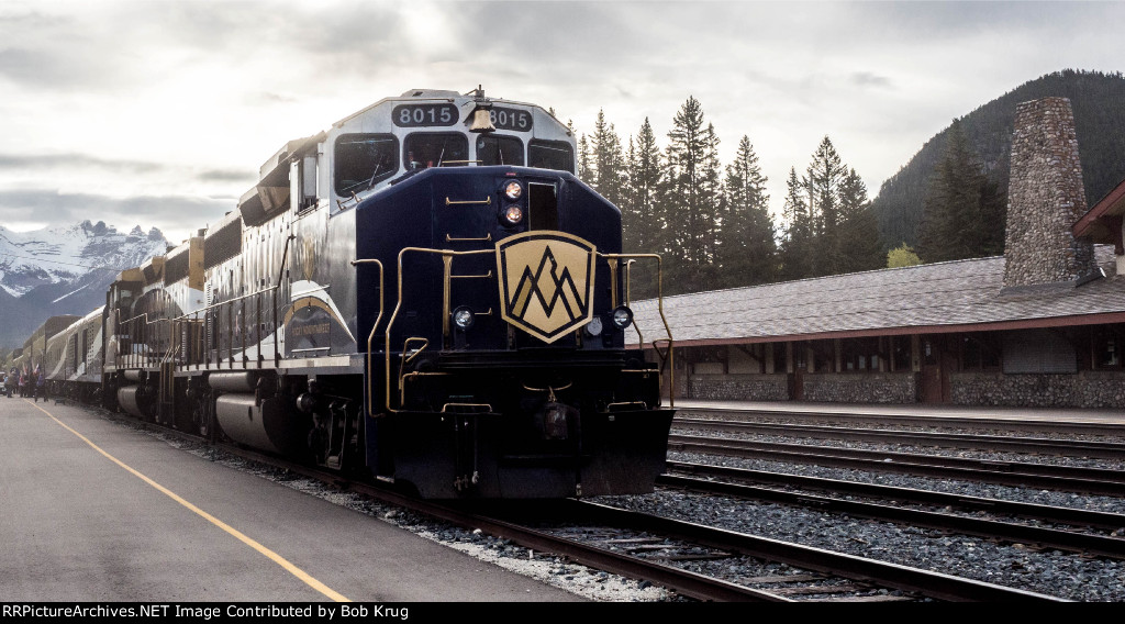 RMRX 8015 led our westbound Rocky Mountaineer out of Banff